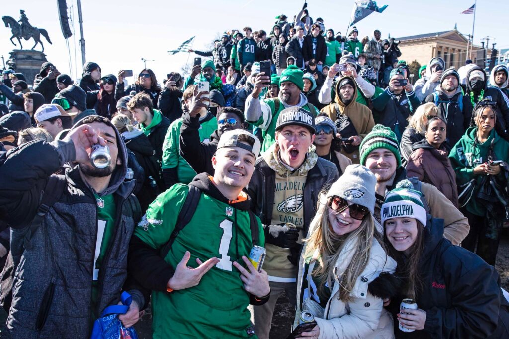 Fans celebrate the Philadelphia Eagles Super Bowl Championship with a parade along Benjamin Franklin Parkway set to end at the Philadelphia Museum of Art on Friday, Feb. 14, 2025.