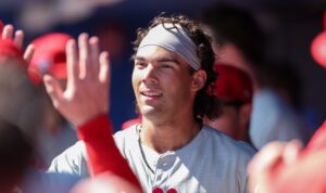 Feb 26, 2025; Dunedin, Florida, USA; Philadelphia Phillies outfielder Gabriel Rincones Jr. (85) celebrates after hitting a home run against the Toronto Blue Jays in the third inning during spring training at TD Ballpark.