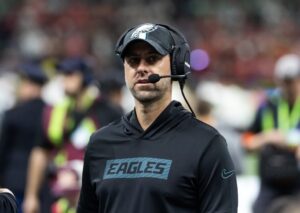 Feb 9, 2025; New Orleans, LA, USA; Philadelphia Eagles pass game coordinator Kevin Patullo against the Kansas City Chiefs during Super Bowl LIX at Ceasars Superdome.