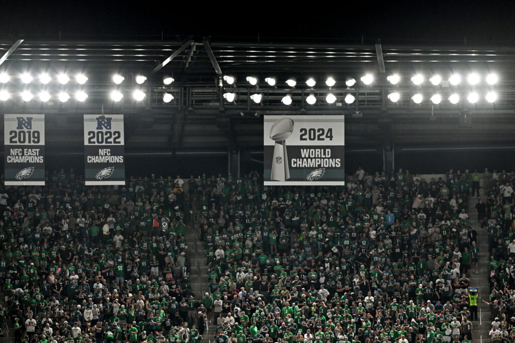 Sep 4, 2025; Philadelphia, Pennsylvania, USA; The Philadelphia Eagles Super Bowl Championship banner is revealed prior to the game between the Philadelphia Eagles and the Dallas Cowboys at Lincoln Financial Field.