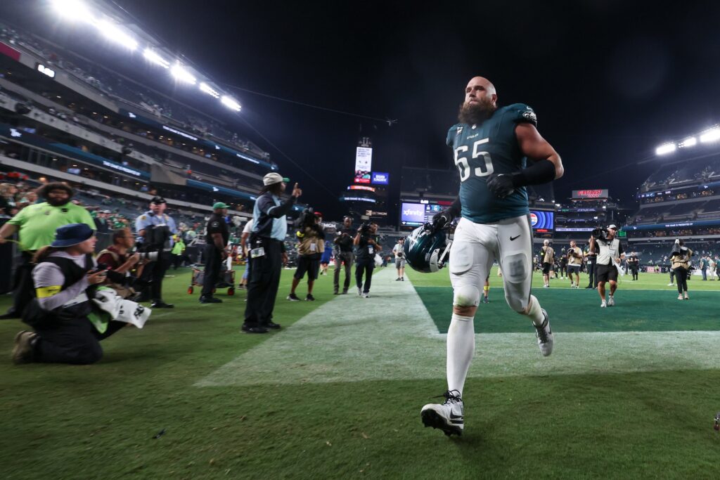 Sep 4, 2025; Philadelphia, Pennsylvania, USA; Philadelphia Eagles offensive tackle Lane Johnson (65) runs off the field after the game against the Dallas Cowboys at Lincoln Financial Field.