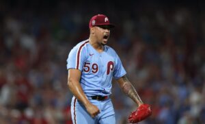 Sep 11, 2025; Philadelphia, Pennsylvania, USA; Philadelphia Phillies pitcher Jhoan Duran (59) reacts after a strike out to end the game with a win against the New York Mets at Citizens Bank Park.