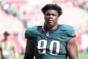 Sep 28, 2025; Tampa, Florida, USA; Philadelphia Eagles defensive tackle Jordan Davis (90) looks on after the game against the Tampa Bay Buccaneers at Raymond James Stadium. Mandatory Credit: