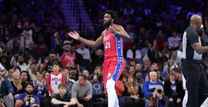 Oct 31, 2025; Philadelphia, Pennsylvania, USA; Philadelphia 76ers center Joel Embiid (21) reacts against the Boston Celtics in the first quarter at Xfinity Mobile Arena.