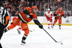 Oct 31, 2025; Anaheim, California, USA; Anaheim Ducks left wing Cutter Gauthier (61) shoots the puck during the second period against the Detroit Red Wings at Honda Center.