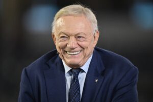 Nov 3, 2025; Arlington, Texas, USA; Dallas Cowboys owner Jerry Jones talks before the game against the Arizona Cardinals at AT&T Stadium.