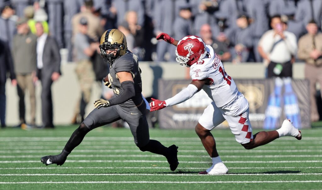 Nov 8, 2025; West Point, New York, USA; Army Black Knights running back Noah Short (15) runs with the ball against the Temple Owls during the first half at Michie Stadium.