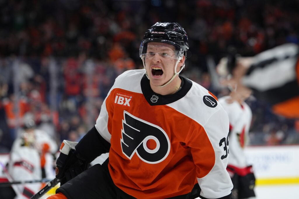 Nov 8, 2025; Philadelphia, Pennsylvania, USA; Philadelphia Flyers right wing Matvei Michkov (39) reacts after scoring a goal against the Ottawa Senators in the second period at Xfinity Mobile Arena.