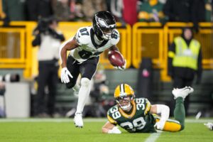 Nov 10, 2025; Green Bay, Wisconsin, USA; Philadelphia Eagles wide receiver Xavier Gipson (87) during the game against the Green Bay Packers at Lambeau Field.