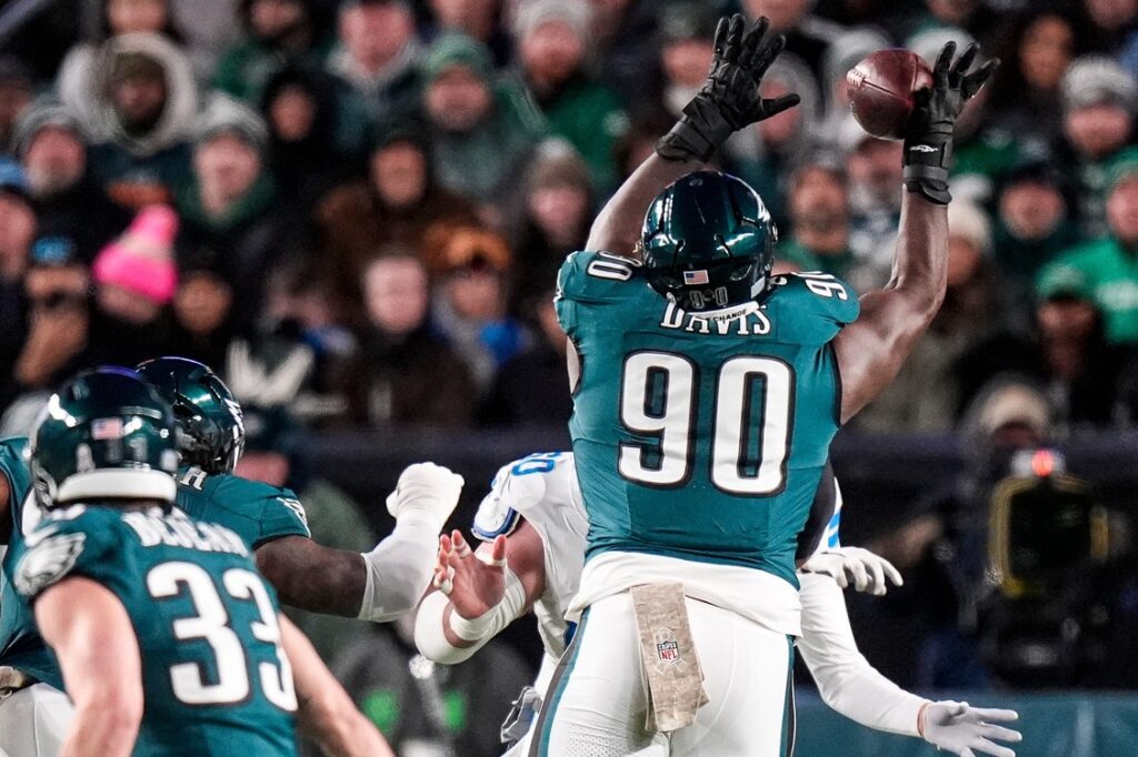 Philadelphia Eagles defensive tackle Jordan Davis (90) blocks a pass from quarterback Jared Goff (16) during the first half at Lincoln Financial Field in Philadelphia on Sunday, November 16, 2025.