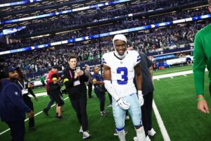 Nov 23, 2025; Arlington, Texas, USA; Dallas Cowboys wide receiver George Pickens (3) smiles after the game against the Philadelphia Eagles at AT&T Stadium.