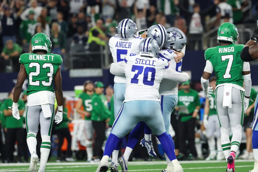 Nov 23, 2025; Arlington, Texas, USA; Dallas Cowboys kicker Brandon Aubrey (17) is congratulated by punter Bryan Anger (5) after his successful field goal against the Philadelphia Eagles in the fourth quarter at AT&T Stadium.