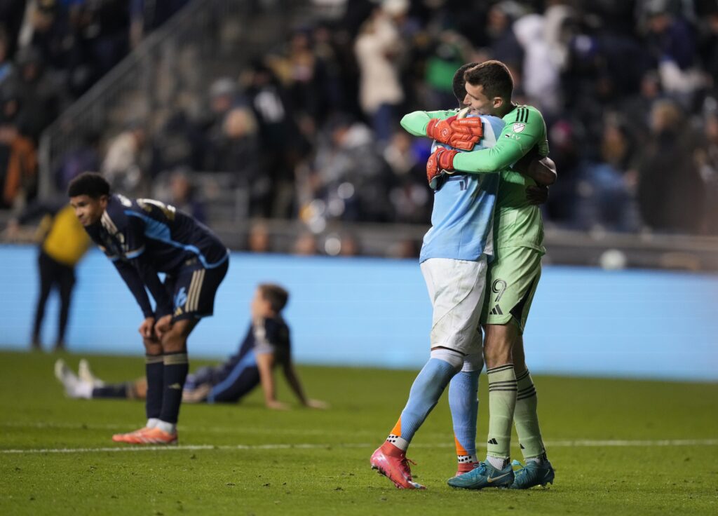 Nov 23, 2025; Chester, Pennsylvania, USA; New York City goalkeeper Matt Freese (49) reacts after defeating the Philadelphia Union at Subaru Park.