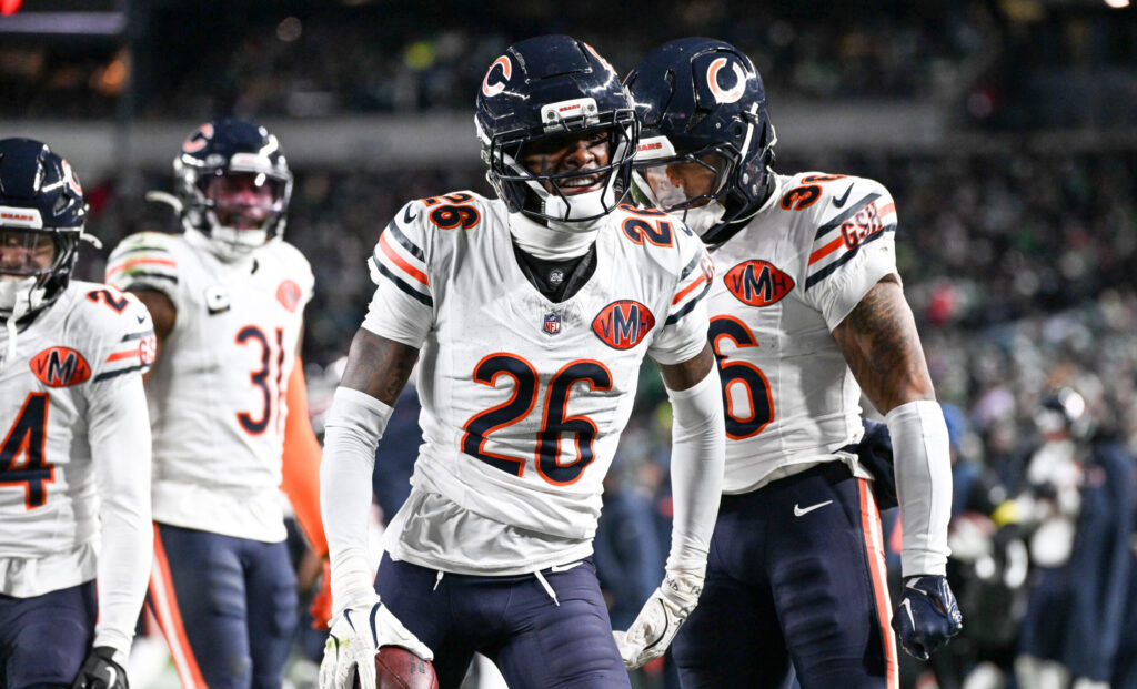Nov 28, 2025; Philadelphia, Pennsylvania, USA; Chicago Bears cornerback Nahshon Wright (26) celebrates after recovering a fumble against the Philadelphia Eagles during the third quarter of the game at Lincoln Financial Field.