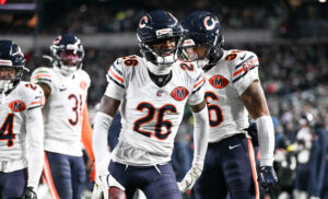 Nov 28, 2025; Philadelphia, Pennsylvania, USA; Chicago Bears cornerback Nahshon Wright (26) celebrates after recovering a fumble against the Philadelphia Eagles during the third quarter of the game at Lincoln Financial Field.
