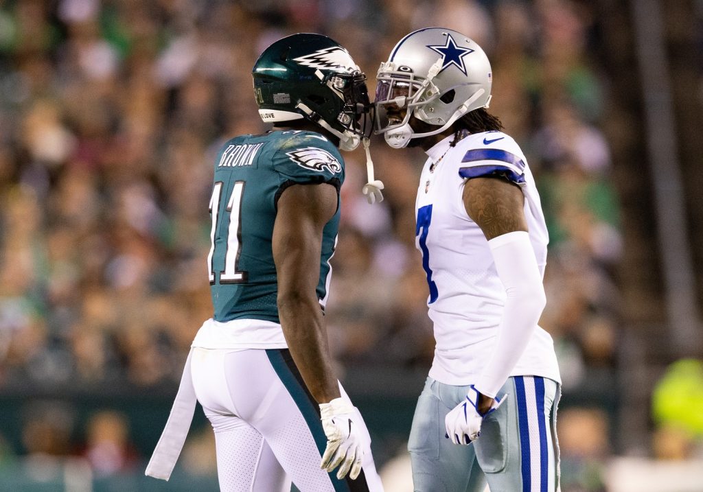 Oct 16, 2022; Philadelphia, Pennsylvania, USA; Philadelphia Eagles wide receiver A.J. Brown (11) and Dallas Cowboys cornerback Trevon Diggs (7) have words after a play in the second quarter at Lincoln Financial Field.