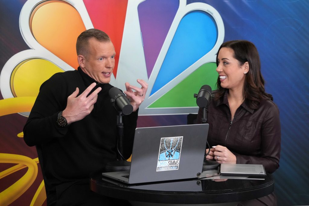 Feb 27, 2025; Indianapolis, IN, USA; NBC Sports analyst Chris Simms (left) and reporter Nicole Auerbach during the 2025 NFL Scouting Combine at the Indiana Convention Center.