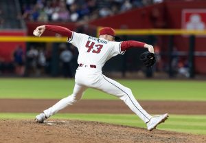 Jul 22, 2025; Phoenix, Arizona, USA; Arizona Diamondbacks pitcher Kyle Backhus against the Houston Astros at Chase Field.