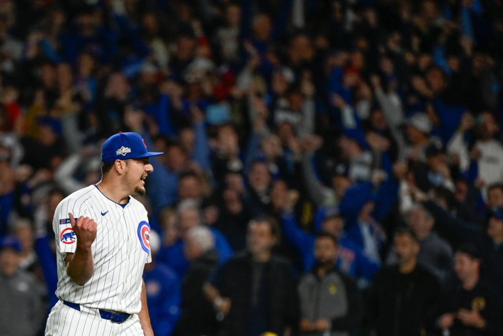 Oct 8, 2025; Chicago, Illinois, USA; Chicago Cubs pitcher Brad Keller (40) celebrates after defeating the Milwaukee Brewers in game three of the NLDS round for the 2025 MLB playoffs at Wrigley Field.