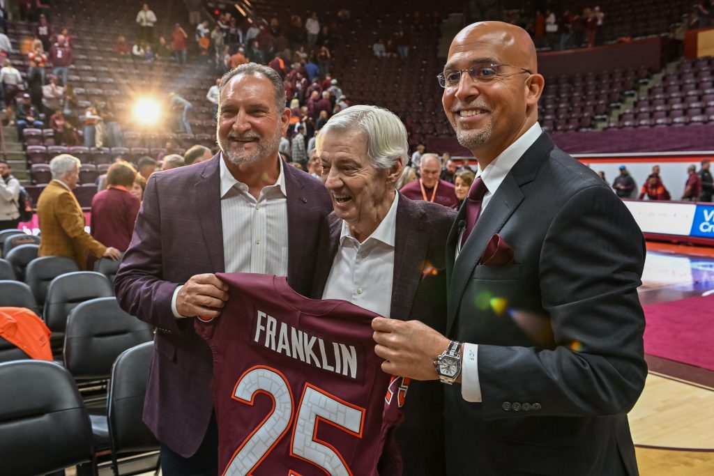 Nov 19, 2025; Blacksburg, VA, USA; Bud Foster, Frank Beamer and James Franklin after the press conference at Cassell Coliseum.