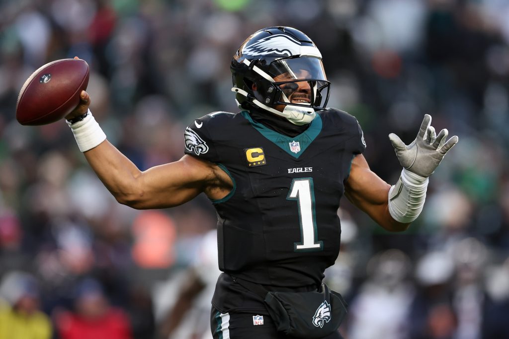 Nov 28, 2025; Philadelphia, Pennsylvania, USA; Philadelphia Eagles quarterback Jalen Hurts (1) passes the ball against the Chicago Bears during the first quarter of the game at Lincoln Financial Field.