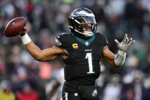 Nov 28, 2025; Philadelphia, Pennsylvania, USA; Philadelphia Eagles quarterback Jalen Hurts (1) passes the ball against the Chicago Bears during the first quarter of the game at Lincoln Financial Field.