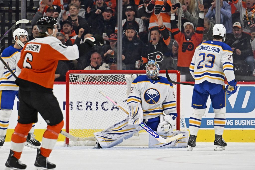 Dec 3, 2025; Philadelphia, Pennsylvania, USA; Buffalo Sabres goaltender Colten Ellis (92) reacts after allowing goal during the first period against the Philadelphia Flyers at Xfinity Mobile Arena.