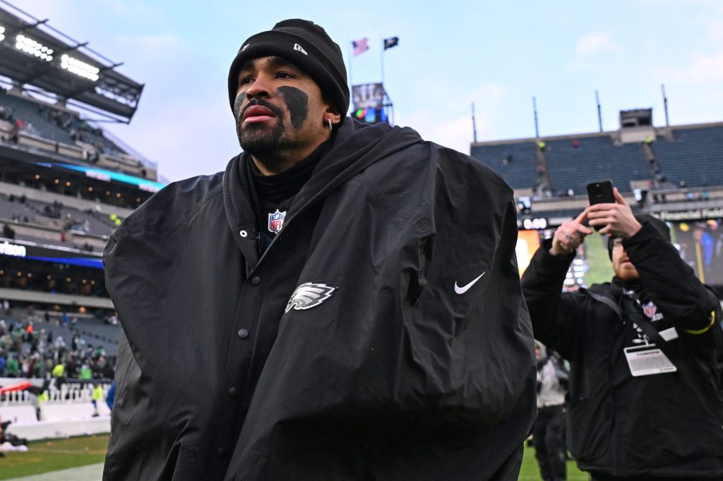 Dec 14, 2025; Philadelphia, Pennsylvania, USA; Philadelphia Eagles quarterback Jalen Hurts (1) walks off the field after win against the Las Vegas Raiders at Lincoln Financial Field.