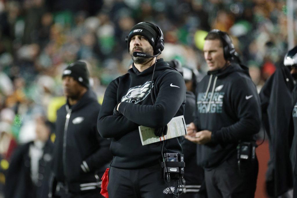 Dec 20, 2025; Landover, Maryland, USA; Philadelphia Eagles head coach Nick Sirianni looks on from the sidelines against the Washington Commanders during the first half at Northwest Stadium.