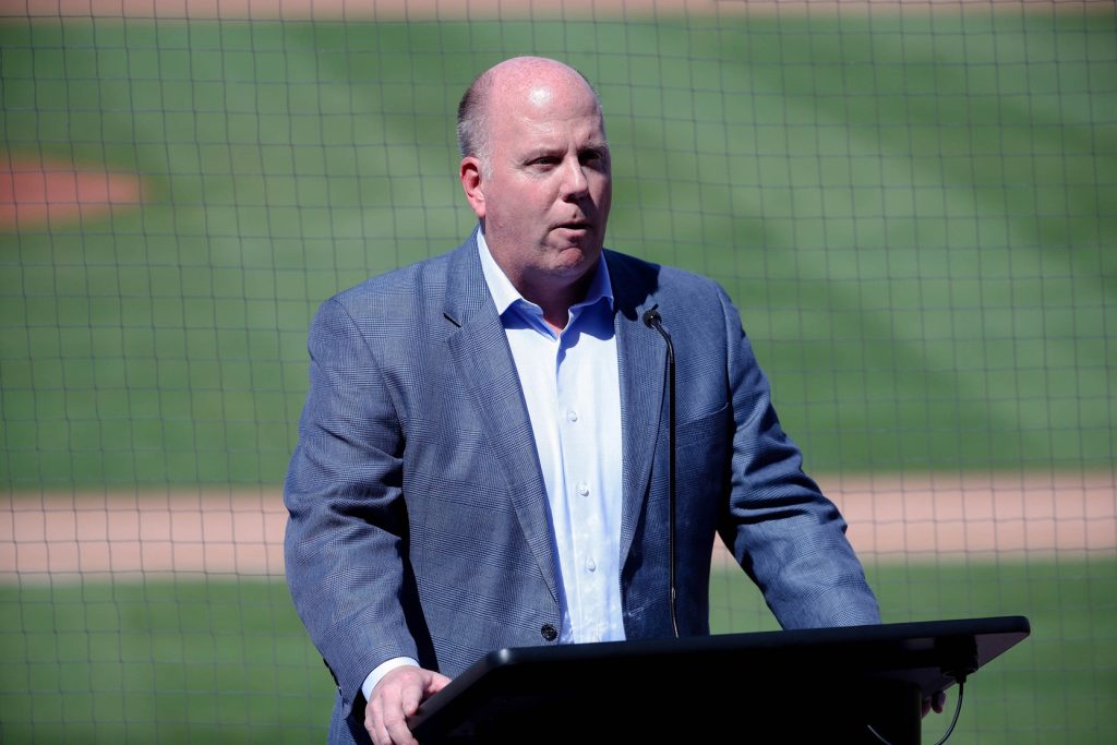 Mar 2, 2019; Clearwater, FL, USA; Philadelphia Phillies Broadcaster Tom Mccarthy speaks as they formally introduce right fielder Bryce Harper (3) as a Philadelphia Phillie at Spectrum Field.