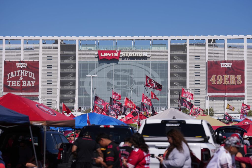 Sep 9, 2024; Santa Clara, California, USA; A view of the stadium exterior from the parking lot before the game between the San Francisco 49ers and the New York Jets at Levi's Stadium.