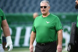 Dec 29, 2024; Philadelphia, Pennsylvania, USA; Philadelphia Eagles offensive line coach Jeff Stoutland during warmups against the Dallas Cowboys at Lincoln Financial Field.