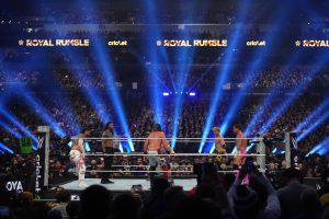 Feb 1, 2025; Indianapolis, IN, USA; A general view during the Men’s Royal Rumble match during the WWE Royal Rumble at Lucas Oil Stadium.