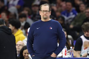 Mar 30, 2025; Philadelphia, Pennsylvania, USA; Philadelphia 76ers head coach Nick Nurse looks on during the third quarter against the Toronto Raptors at Wells Fargo Center.