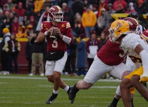 Iowa State Cyclones' quarterback Rocco Becht (3) looks for pass against Arizona State during the first quarter in the Big-12 showdown at jack Trice Stadium on Nov. 1, 2025, in Ames, Iowa.