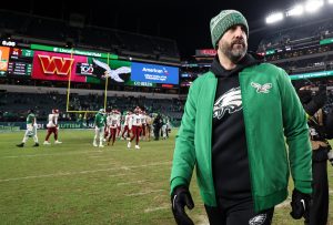 Jan 4, 2026; Philadelphia, Pennsylvania, USA; Philadelphia Eagles head coach Nick Sirianni walks off the field after a loss to the Washington Commanders at Lincoln Financial Field.