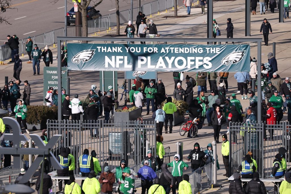 Jan 11, 2026; Philadelphia, PA, USA; Fans arrive prior to an NFC Wild Card Round game between the Philadelphia Eagles and the San Francisco 49ers at Lincoln Financial Field.