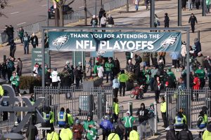 Jan 11, 2026; Philadelphia, PA, USA; Fans arrive prior to an NFC Wild Card Round game between the Philadelphia Eagles and the San Francisco 49ers at Lincoln Financial Field.
