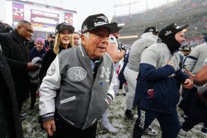 Jan 25, 2026; Denver, CO, USA; New England Patriots owner Robert Kraft reacts after defeating the Denver Broncos in the 2026 AFC Championship Game at Empower Field at Mile High.