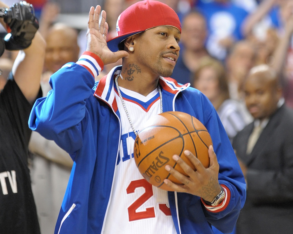 May 23, 2012; Philadelphia, PA USA; Philadelphia 76ers former guard Allen Iverson before the start of game six against the Boston Celtics in the Eastern Conference semifinals of the 2012 NBA Playoffs at the Wells Fargo Center.