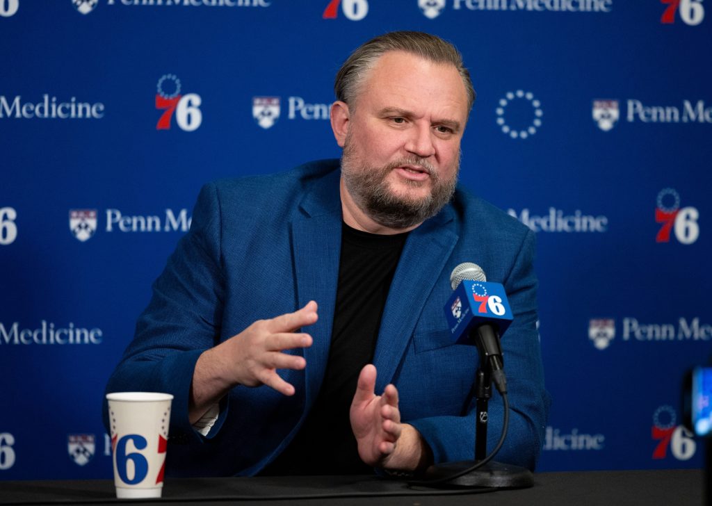 Dec 15, 2023; Philadelphia, Pennsylvania, USA; Philadelphia 76ers resident of Basketball Operations Daryl Morey speaks with the media before a game against the Detroit Pistons at Wells Fargo Center.