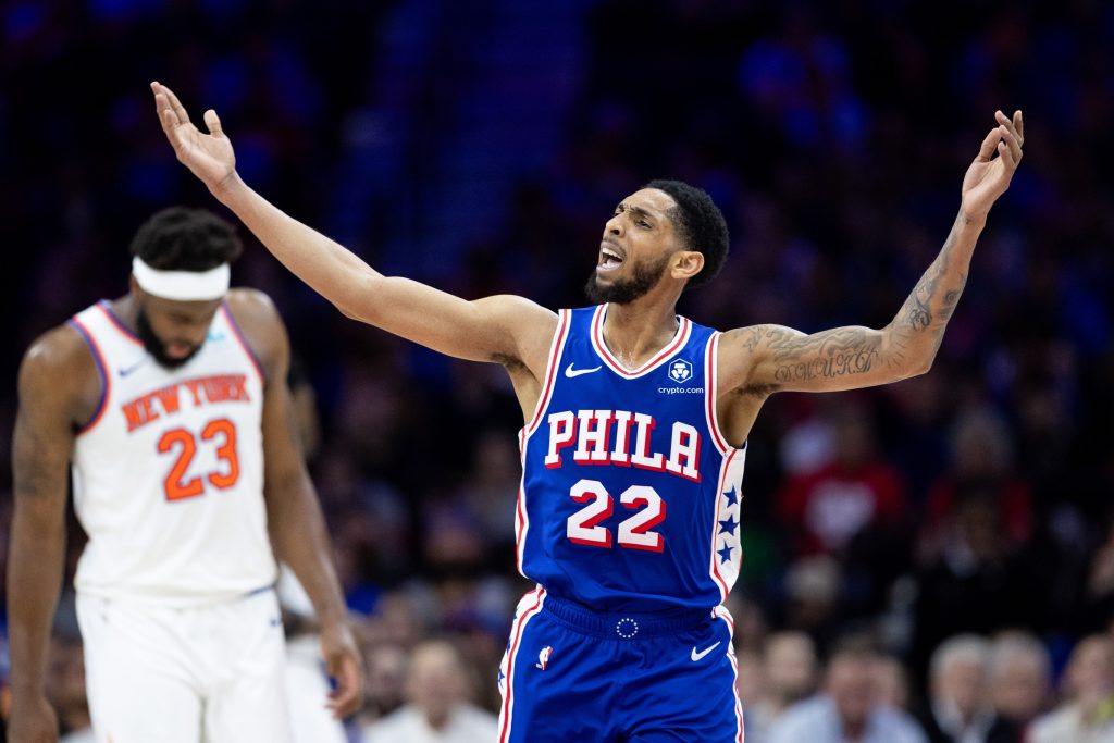 Apr 25, 2024; Philadelphia, Pennsylvania, USA; Philadelphia 76ers guard Cameron Payne (22) reacts after a score against the New York Knicks during the second quarter of game three of the first round for the 2024 NBA playoffs at Wells Fargo Center.