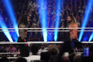 Feb 1, 2025; Indianapolis, IN, USA; Roman Reigns and Seth Rollins during the Men’s Royal Rumble match during the WWE Royal Rumble at Lucas Oil Stadium.