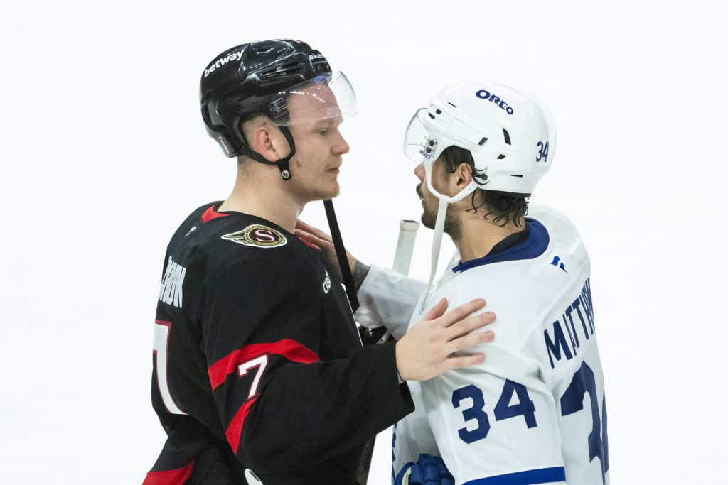 May 1, 2025; Ottawa, Ontario, CAN; Ottawa Senators left wing Brady Tkachuk (7) shares a moment with Toronto Maple Leafs center Auston Matthews (34) following the Toronto Maple Leafs win in game six of the first round of the 2025 Stanley Cup Playoffs at Canadian Tire Centre.