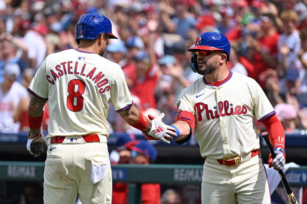 Aug 24, 2025; Philadelphia, Pennsylvania, USA; Philadelphia Phillies outfielder Nick Castellanos (8) celebrates afters scoring a run with outfielder Kyle Schwarber (12) during the second inning against the Washington Nationals at Citizens Bank Park.