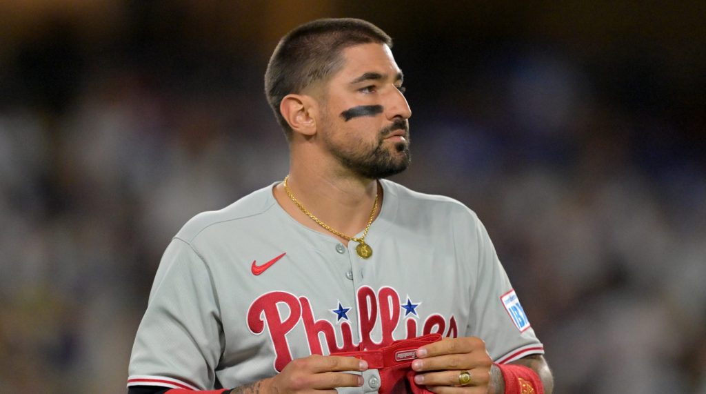 Sep 17, 2025; Los Angeles, California, USA; Philadelphia Phillies right fielder Nick Castellanos (8) returns to the dugout after an out against the Los Angeles Dodgers at Dodger Stadium.