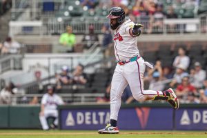 Sep 24, 2025; Cumberland, Georgia, USA; Atlanta Braves designated hitter Marcell Ozuna (20) reacts after hitting a home run against the Washington Nationals during the eighth inning at Truist Park.