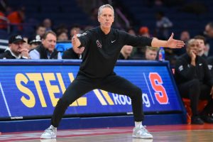 Dec 11, 2025; Syracuse, New York, USA; Saint Joseph's Hawks head coach Steve Donahue reacts against the Syracuse Orange during the second half at the JMA Wireless Dome.