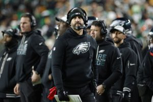Dec 20, 2025; Landover, Maryland, USA; Philadelphia Eagles head coach Nick Sirianni looks on from the sidelines against the Washington Commanders during the first half at Northwest Stadium.