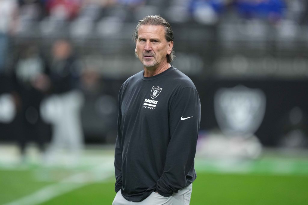 Dec 28, 2025; Paradise, Nevada, USA; Las Vegas Raiders offensive coordinator Greg Olson looks on prior to the game against the New York Giants at Allegiant Stadium.